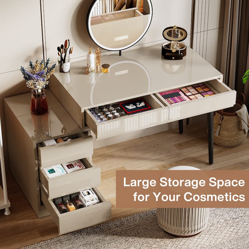 Reversible Vanity Desk with 5 Drawers, Glossy White Dressing Table