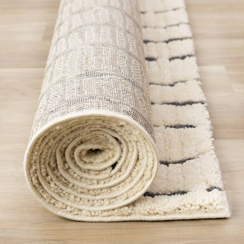 Teagan Collection - Plush Pile Cream Black Vertical Lines Area Rug