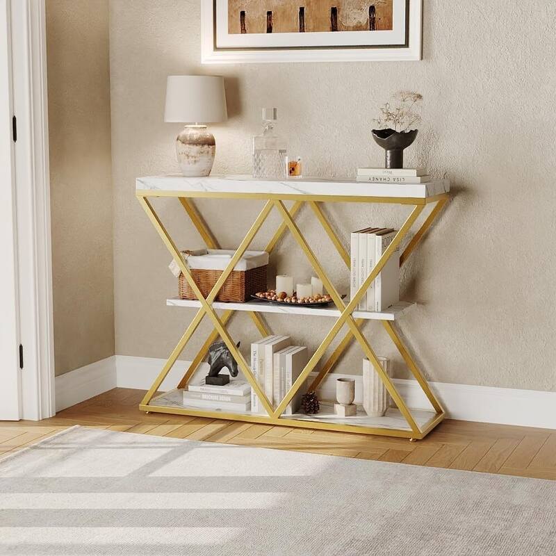 3-Tier X-Shaped Console Table, Entryway Table with Storage Shelf