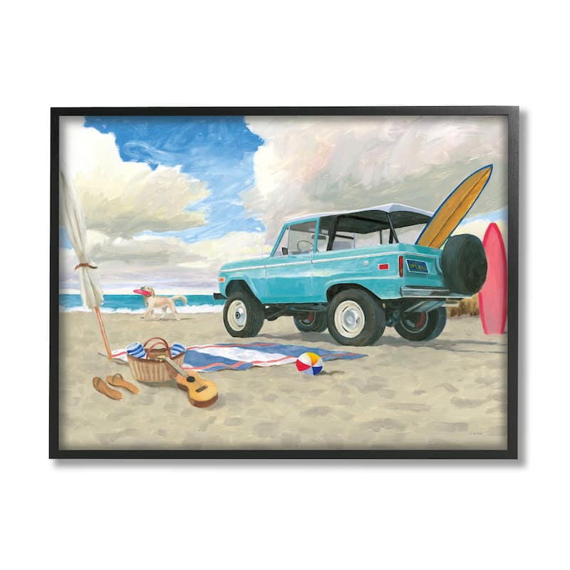 Stupell Summer Sandy Beach Cruiser Surfboard Coastal Dog Framed Wall Art - Blue