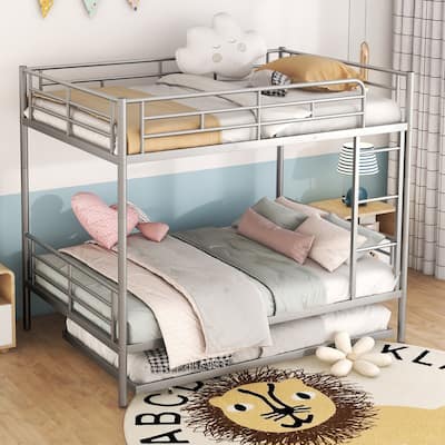 Full Over Full Silver Metal Bunk Bed Frame w/ Trundle and Full-length Guardrails, Dormitory Heavy-Duty Iron Bedframe Convertible