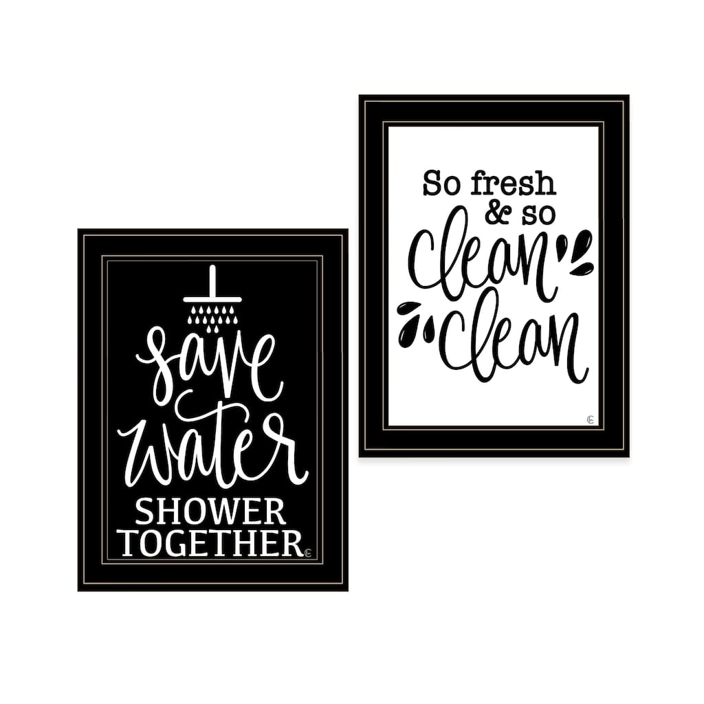 2-Piece Framed Wall Art Set - Bathroom Humor "Clean/Shower Together", Black Frame
