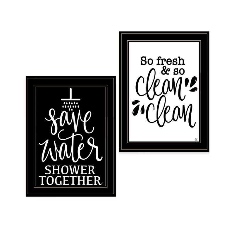 2-Piece Framed Wall Art Set - Bathroom Humor "Clean/Shower Together", Black Frame