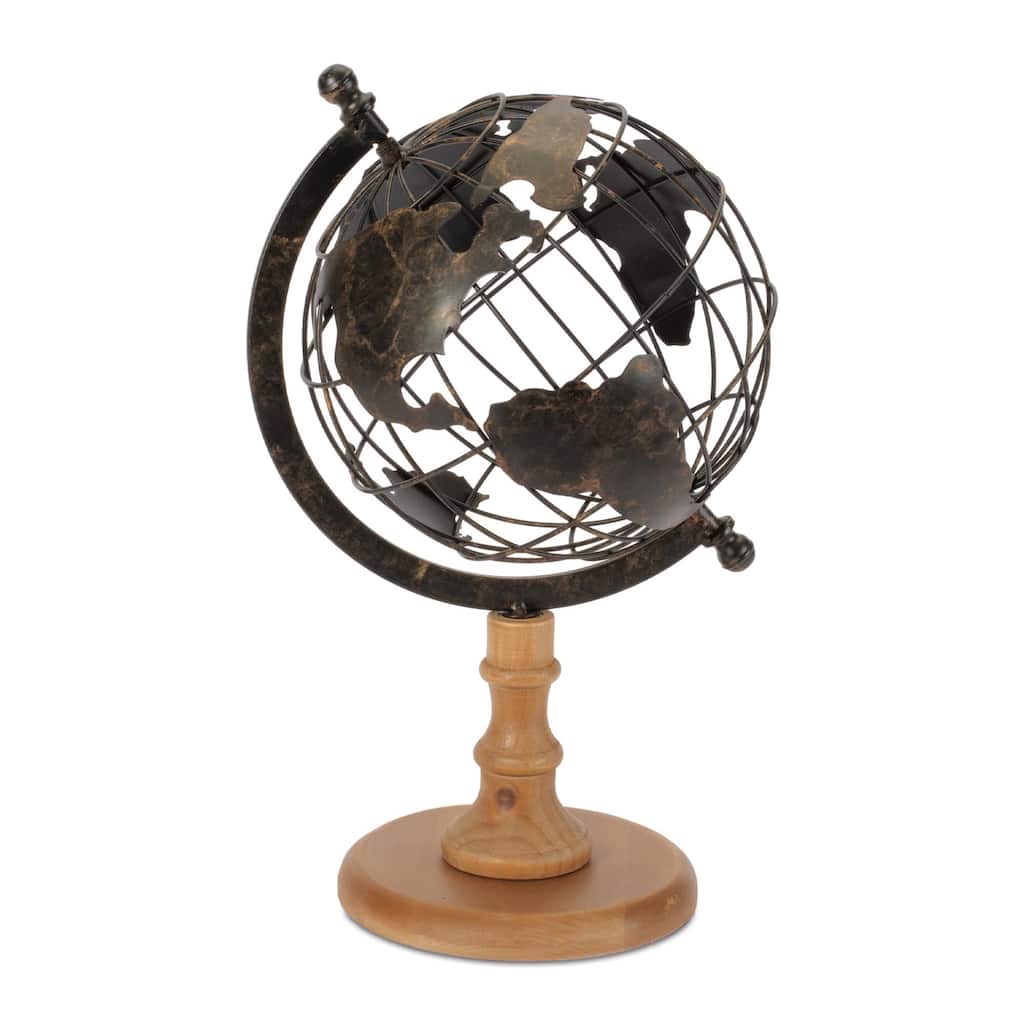 Iron Globe with Natural Wood Base 14.5"H