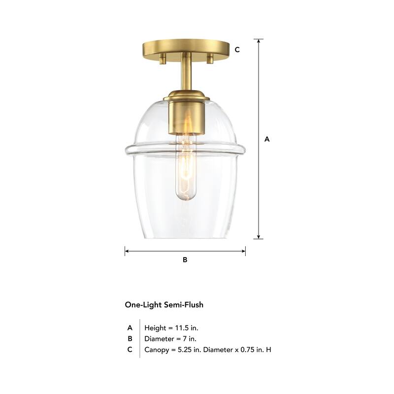 Summer Jazz 7 in. 1-Light Brushed Gold Transitional Semi Flush Mount with Clear Glass Shade for Bedrooms - 11.5