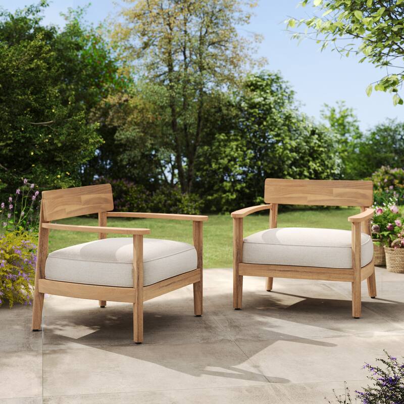 Roomfitters Mallorca Outdoor Acacia Wood Club Chair with Seat Cushion, Teak Finish and Beige Fabric