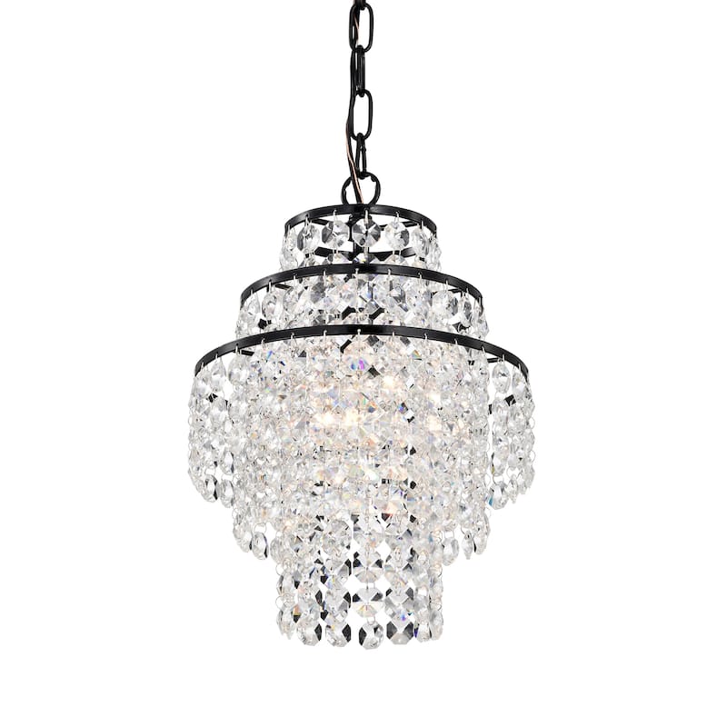 Antique Black 1-Light Glam Mini Chandelier with Tier Cascading Crystals