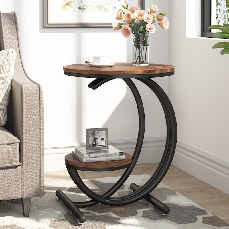 2-Tier Round Marble End Table with Storage Shelf (Modern/Industrial) - 1PCS - Brown/Black