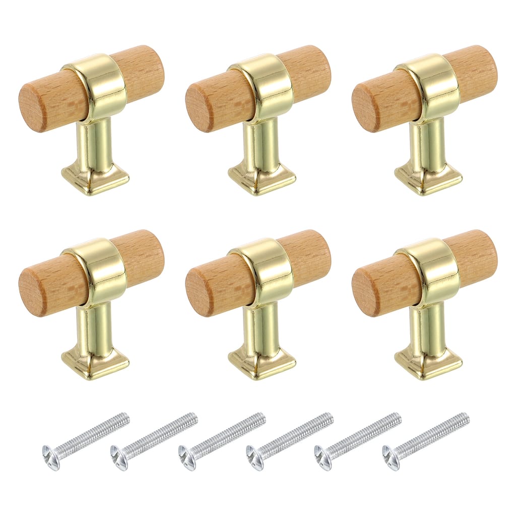 6 Pcs T Bar Wooden Drawer Pulls Single Hole Handles with Screws