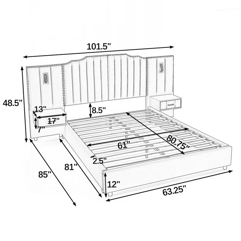 Queen Size Upholstered Bed Frame , Vertical Stripe Design with Buttons Around Platform Bed with Headboard