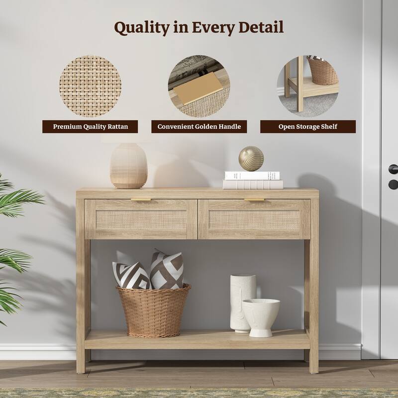 SICOTAS Rattan Console Table with 2 Drawers and Shelves - 30 x 39.4 x 13.8