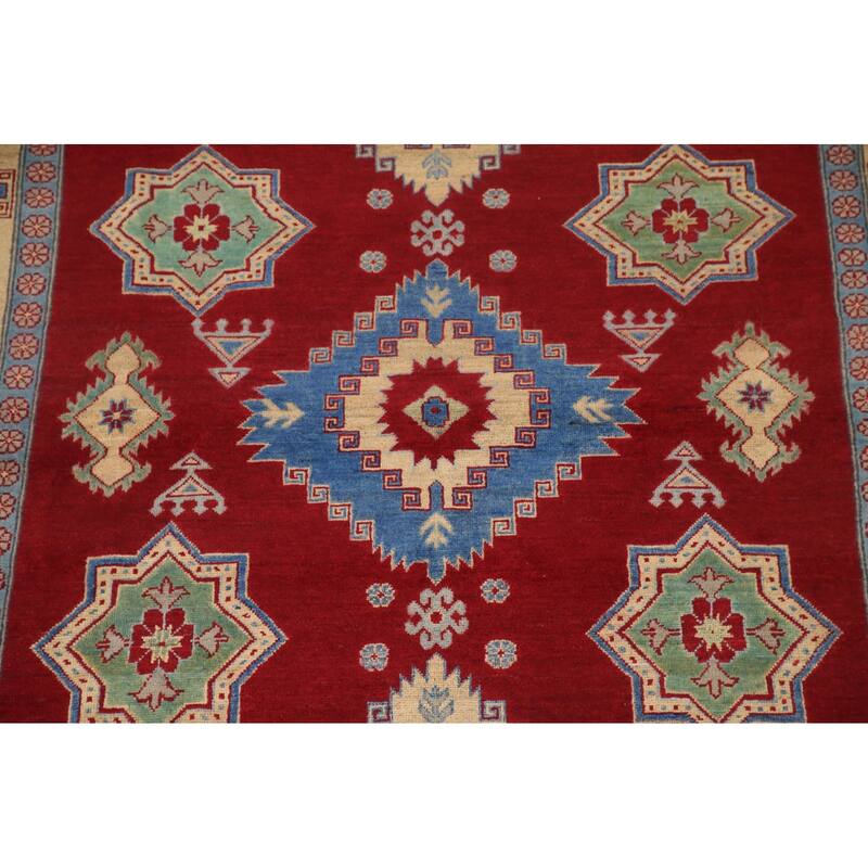 Hand Knotted Oriental 100% Wool Carpet Traditional Geometric Red Kazak Area Rug - 9' 8'' X 6' 7''