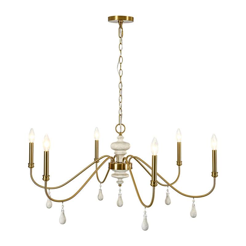 Mid-Century Aged Brass 6-Light Wide Candle Style Chandelier 38in