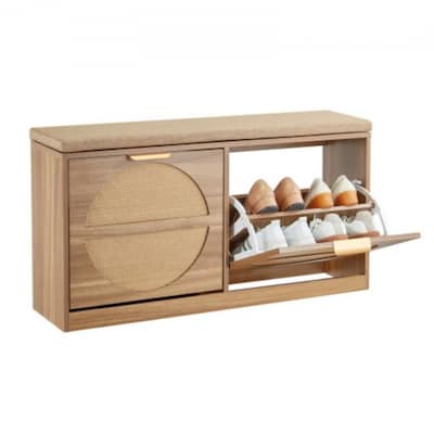 Natural Wood Shoe Storage Bench with Flip-Top Compartments and Rattan Accent Entryway Organizer - 38.9” x 9.4” x 19.7”