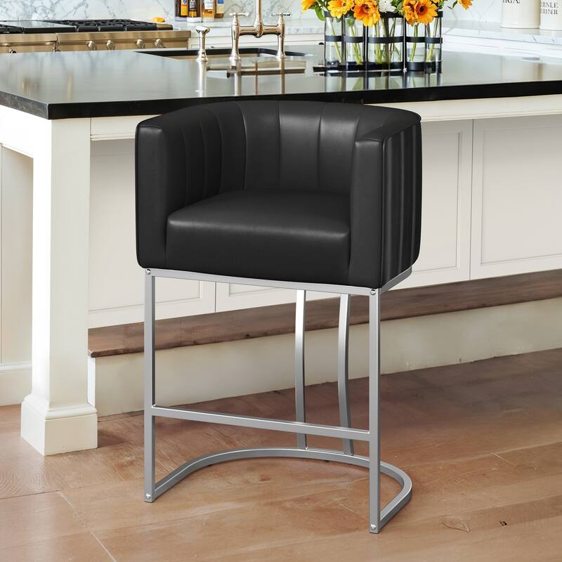 LUE BONA Modern 26.in Barstool Upholstered/PU Leather Counter Height Stool Low Back Barrel Bar Stool with Metal Frame - Black&Silvery/Faux Leather