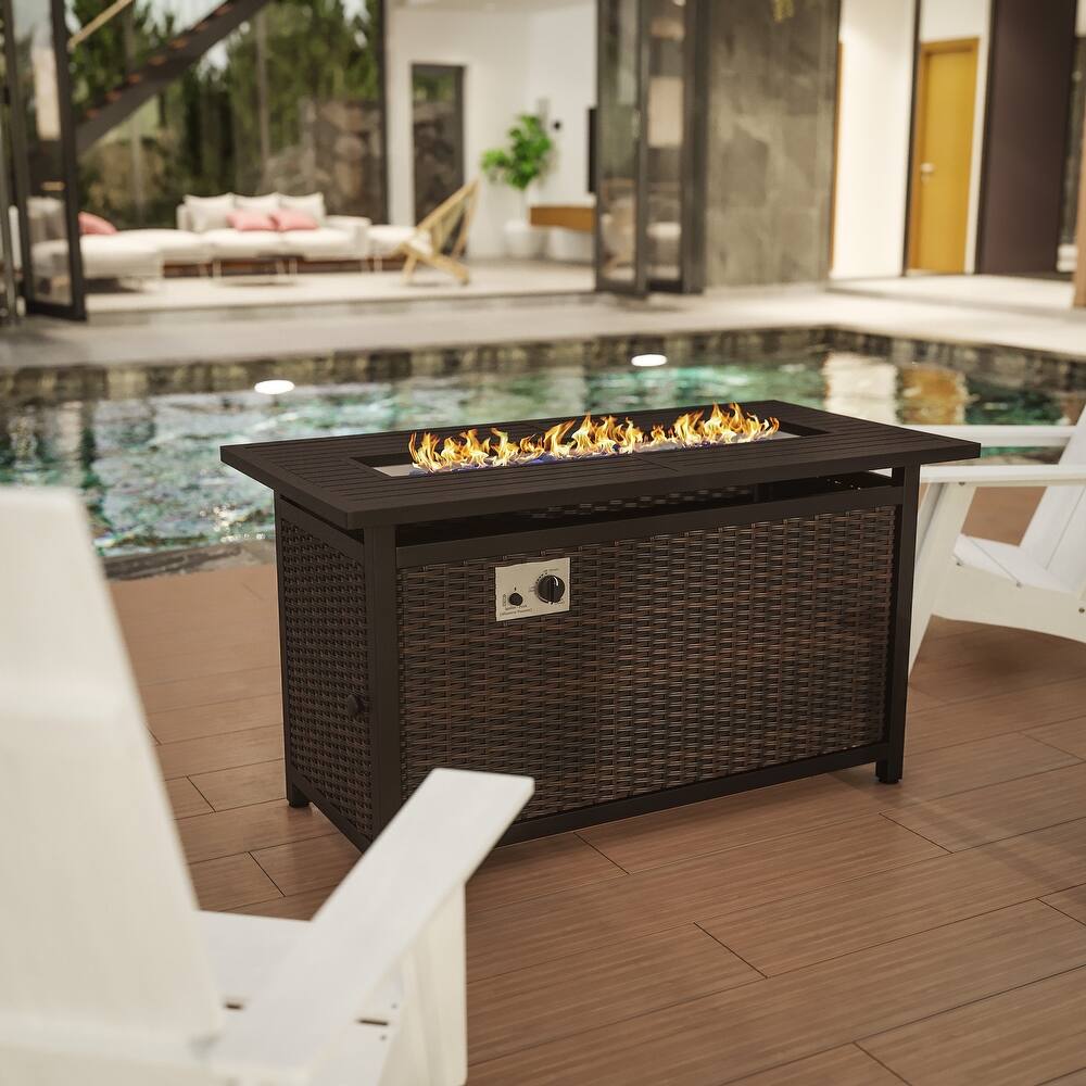 Outdoor 50,000 BTU Fire Table with Steel Top and Wicker Base