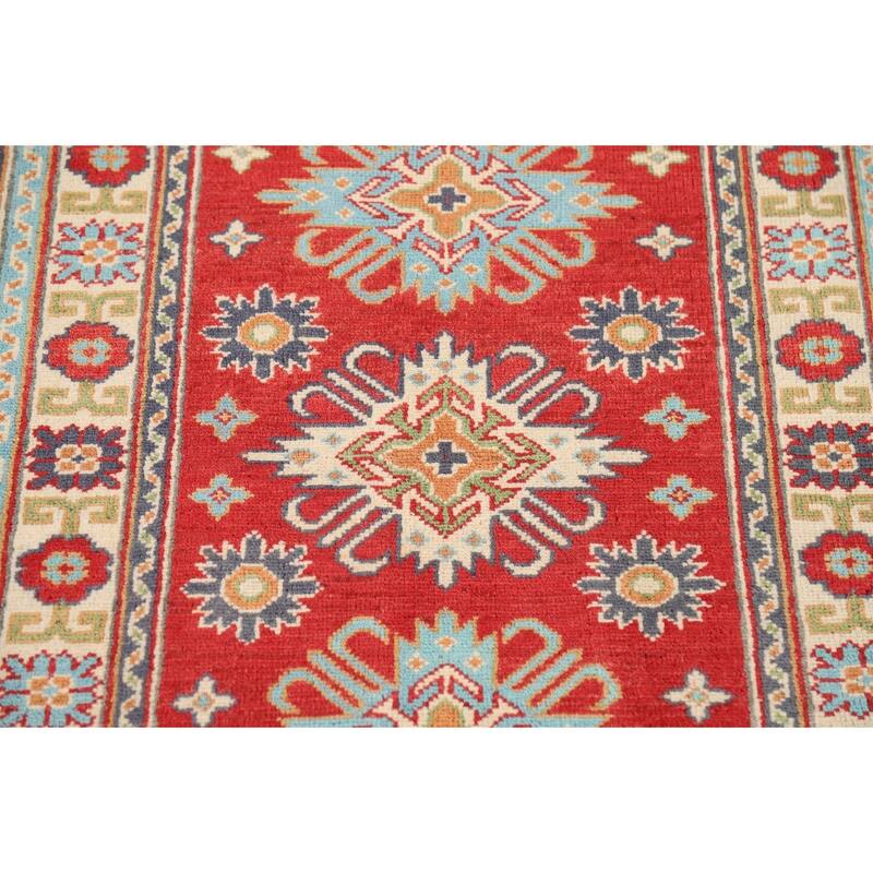 Red Kazak Foyer Rug Handmade Geometric Wool Carpet - 2'9" x 3'10"