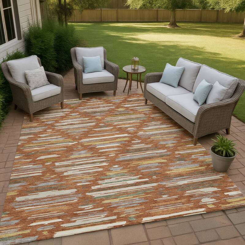 Machine Washable Indoor/ Outdoor Modern Trellis Chantille Rug - Paprika - 5' x 7'6"