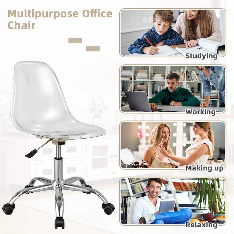 Costway Rolling Acrylic Armless Office Chair Swivel Vanity Chair - 21'' x 18.5'' x 30.5''-34.5''(L x W x H)