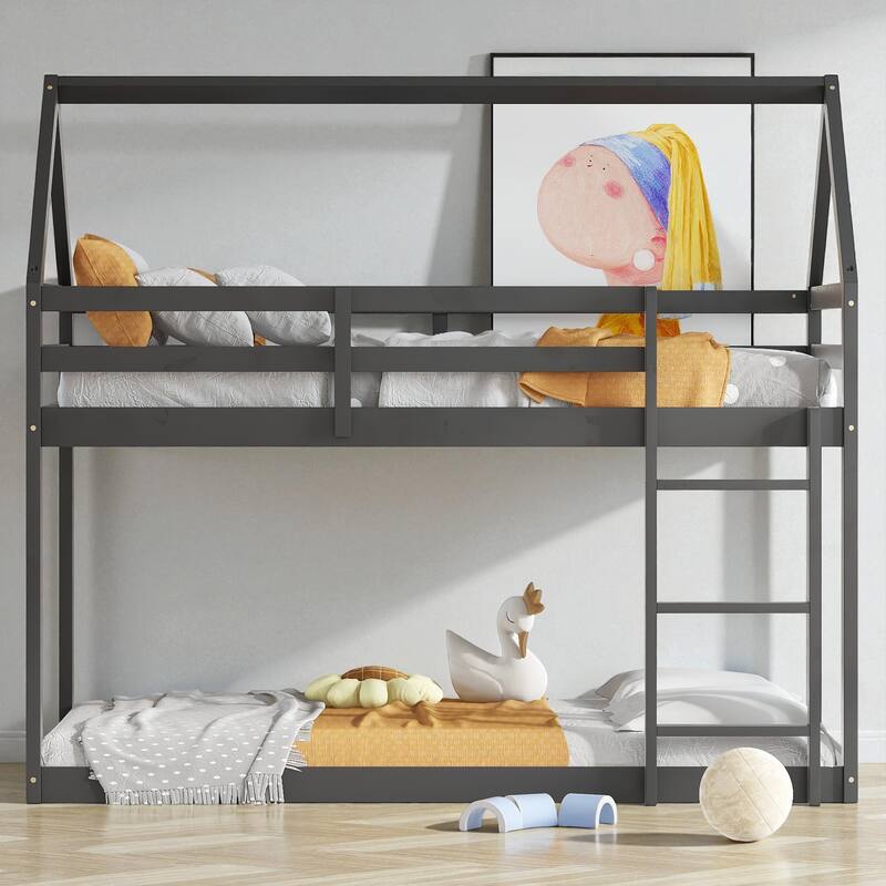 Twin Over Twin Floor Bunk Bed with House Roof Design, Rubber Wood Frame, Ladder and Guardrails for Kids Bedroom