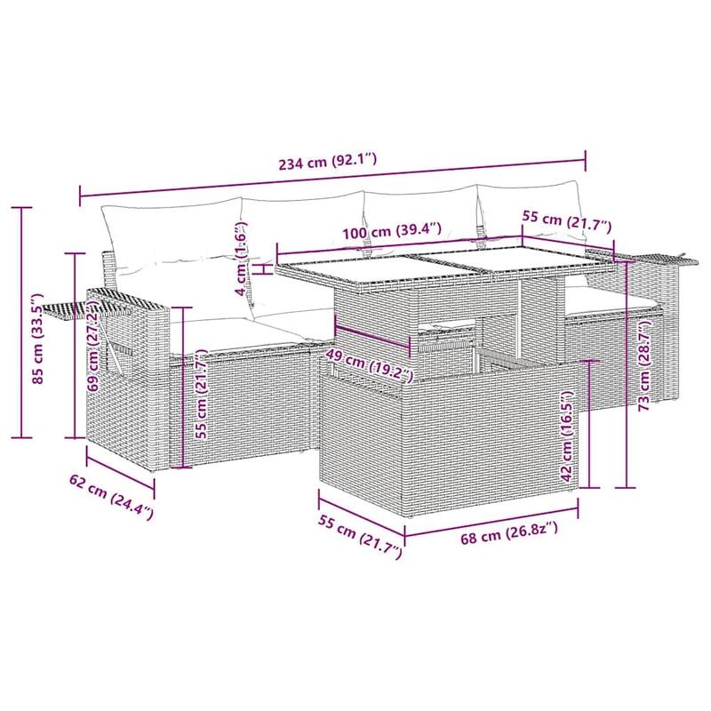 vidaXL Patio Sofa Set with Cushions Table and Couches 5 Piece Poly Rattan - 21.7 x 24.4 x 27.2
