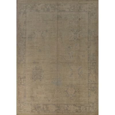 Vegetable Dye Beige Oushak Turkish Rug Handmade Floral Wool Carpet - 9'5" x 11'11"