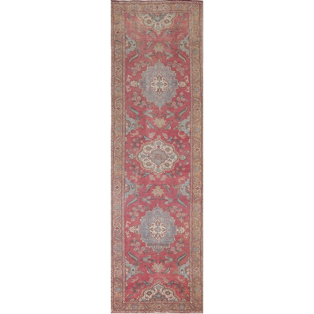 Hand Knotted Oriental 100% Wool Carpet Traditional Floral Pink Tabriz Runner Rug - 12' 9'' X 3' 3''