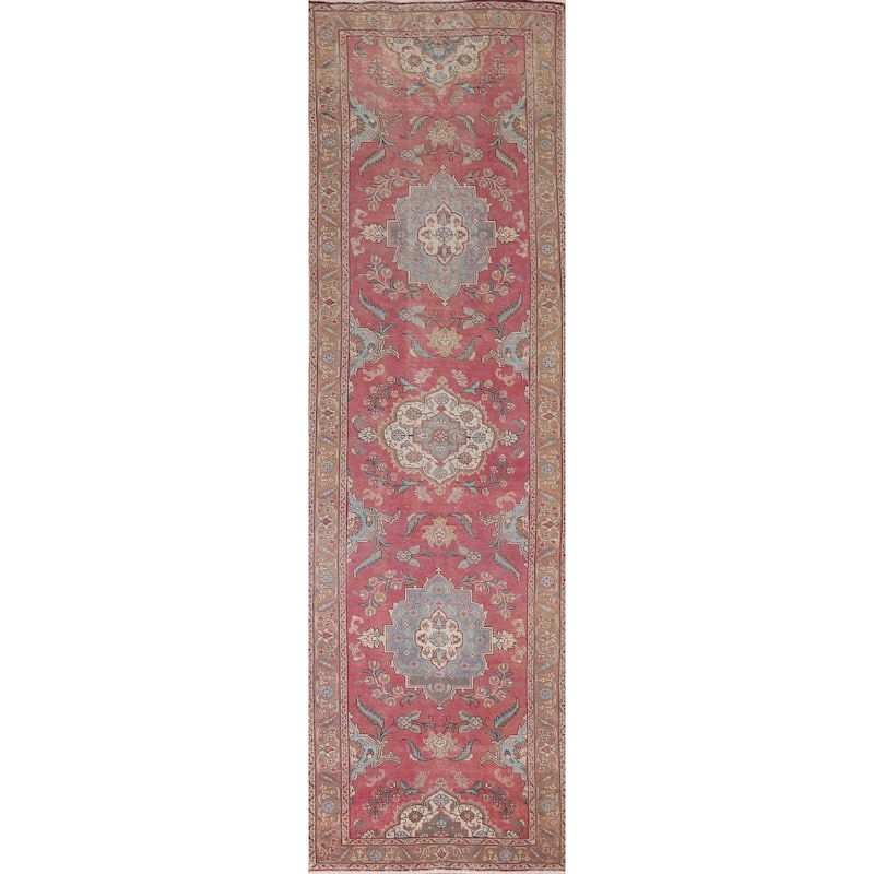 Hand Knotted Oriental 100% Wool Carpet Traditional Floral Pink Tabriz Runner Rug - 12' 9'' X 3' 3''