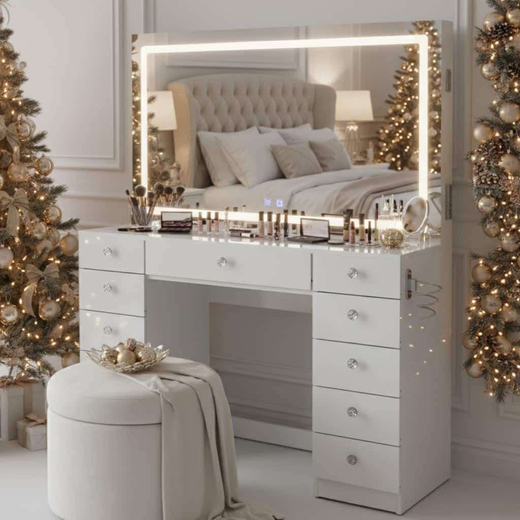 Boahaus Premium Makeup Vanity Desk Full-Width LED Mirror, Bluetooth Speakers 11 Drawers