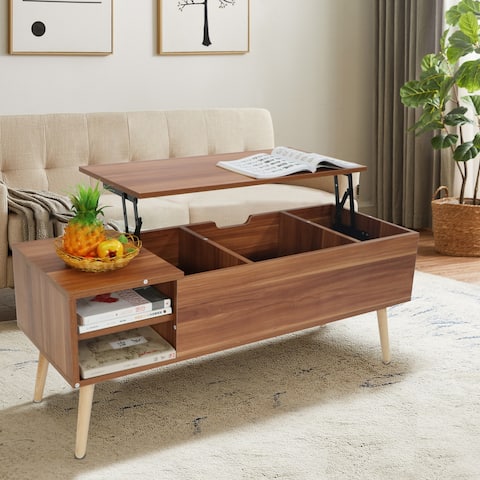 Liftable Coffee Table, Quick Assemble, Wood Grain Color, Solid Wood Legs Support, Big Storage Space, Living Room Furniture