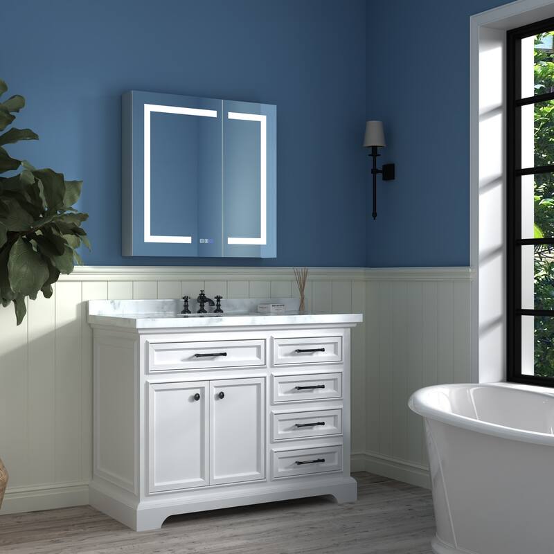 ExBrite LED Lighted Bathroom Medicine Cabinet with Mirror,Recessed or Surface Mount, Defog