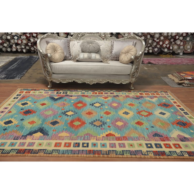 Hand Woven Oriental 100% Wool Carpet Southwestern Tribal Navy Blue & Blues Kilim Area Rug - 9' 9'' X 6' 7''