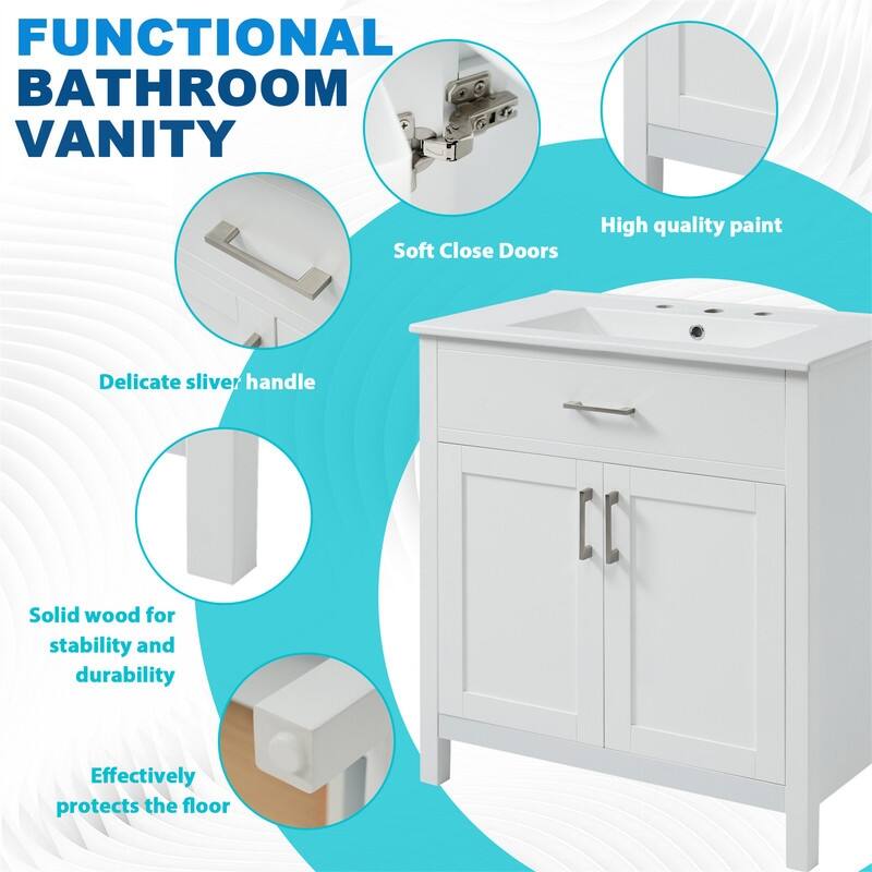 30'' Bathroom Vanity with Ceramic Sink Top, Bathroom Storage Cabinet with 2 Soft Close Doors, 1 Storage Shelf and Drawer