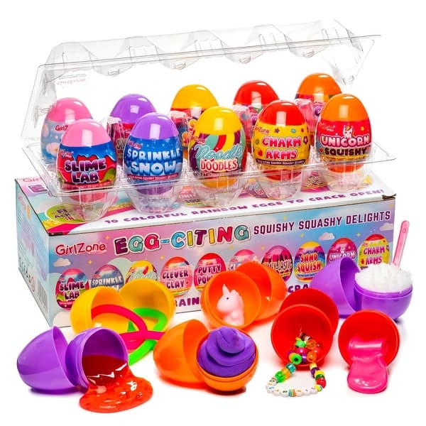 slide 2 of 6, GirlZone Egg-Citing Squashy Delights, 10 Prefilled Easter Eggs with DIY Slime, Clay, Unicorn Squishy & Charm