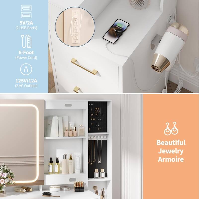 Makeup Vanity Table with Mirror, 5 Drawers, Stool, Charging Station, Hair Dryer Holder