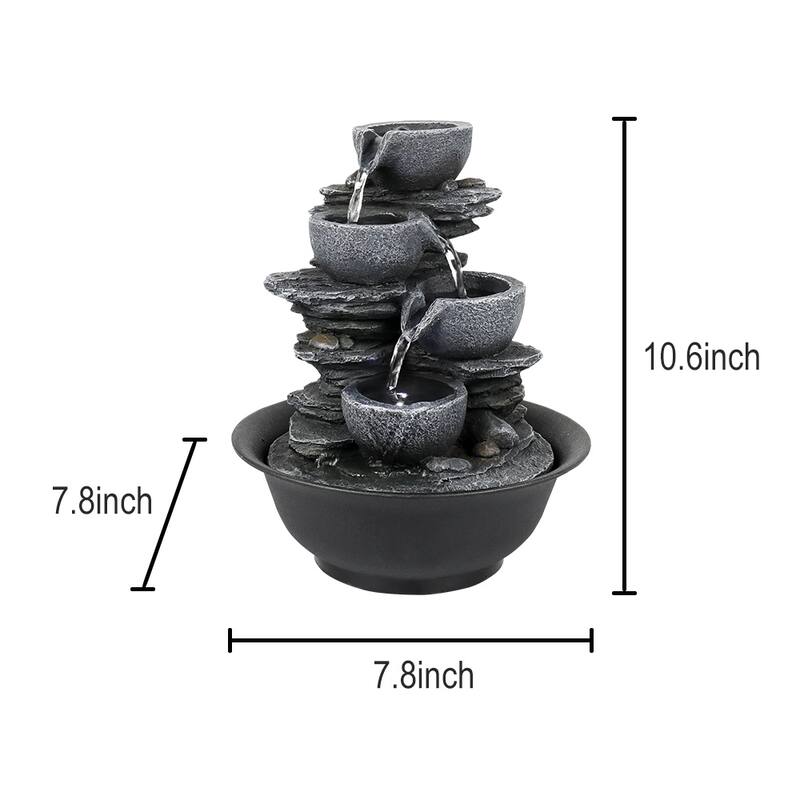 10.6-Inch H 4-Tier Bowls Cascading Tabletop Fountain with LED Light