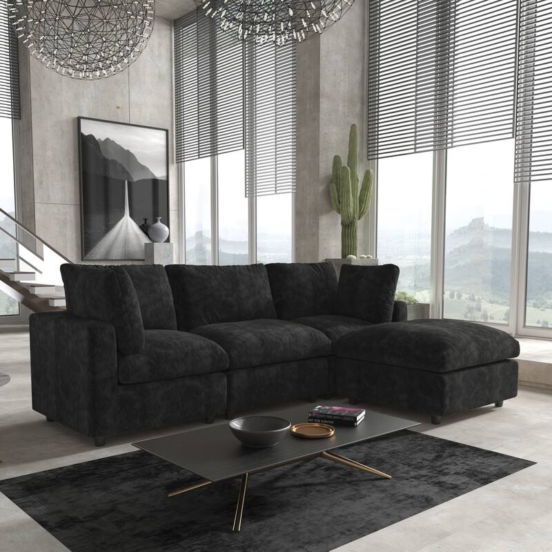 Modern L-shaped Sectional Sofa for Living Room,Chenille Modular Couch, Removable Cover, Spring Cushions, Solid Wood Frame