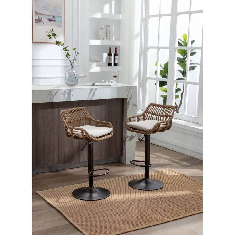 Swivel Bar Stools Set of 2, Adjustable Counter Height Rattan Bar Chairs with Footrest for Kitchen, Dining Room