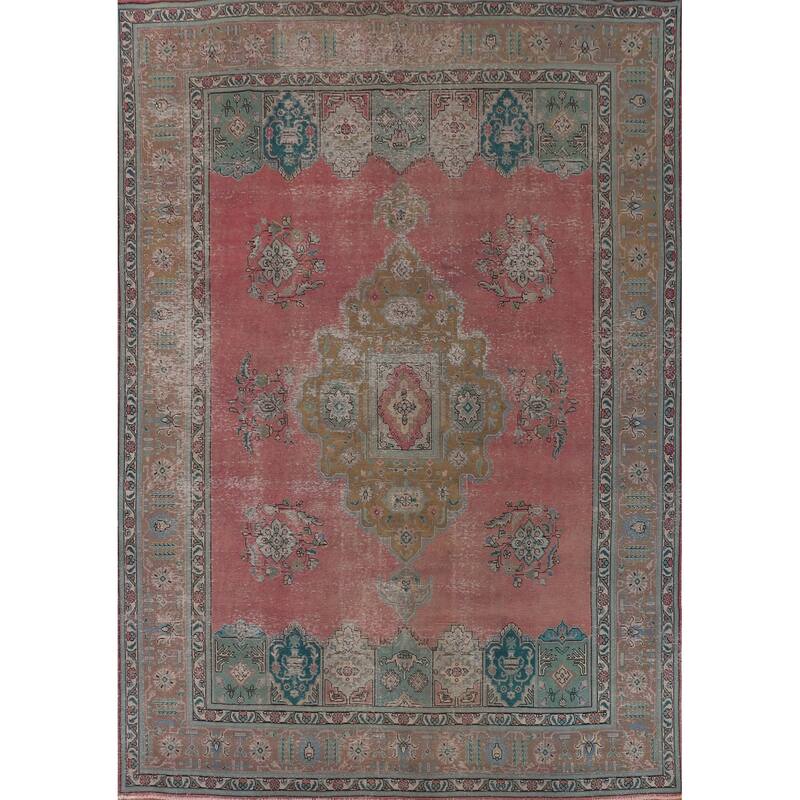 Pink Distressed Tabriz Persian Antique Rug Hand-Knotted Wool Carpet - 9'6" x 12'8"