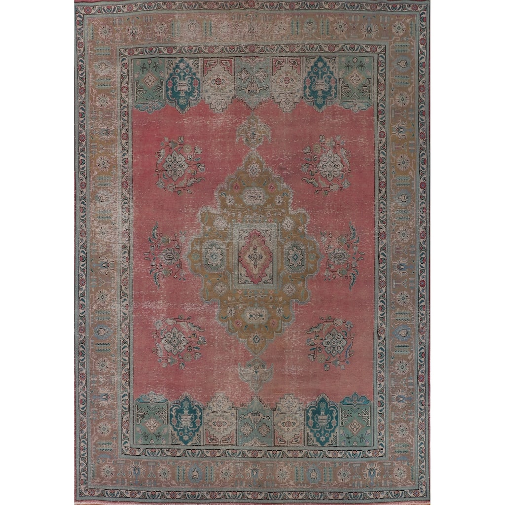 Pink Distressed Tabriz Persian Antique Rug Hand-Knotted Wool Carpet - 9'6" x 12'8"