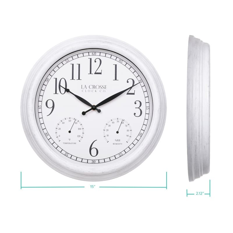 La Crosse 15 In. Outdoor Payton Quartz Wall Clock with T/H