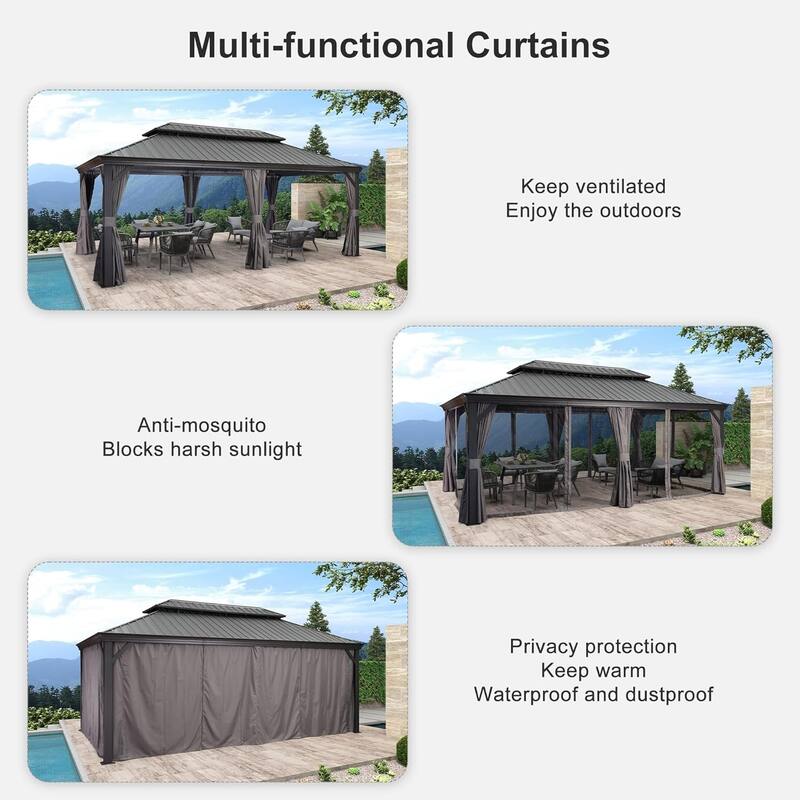 PURPLE LEAF Outdoor Galvanized Steel Hardtop Gazebo, Aluminum Frame Gazebo With Curtains and Light