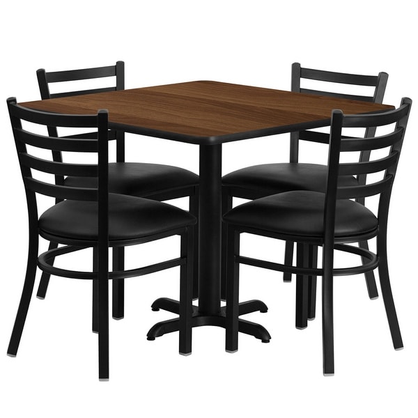 Dyersburg 5pcs Table Set Square 36" Walnut X-Base, Black Metal Chairs