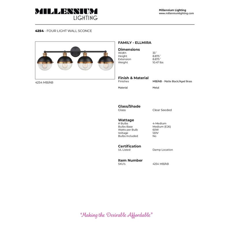Millennium Lighting Ellmira 4 Light Matte Black/ Aged Brass Vanity Fixture
