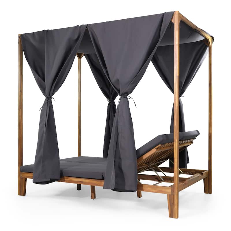 Kinzie Outdoor 2-seat Adjustable Acacia Daybed with Curtains by Christopher Knight Home - 51.25" L x 78.75" W x 78.75" H