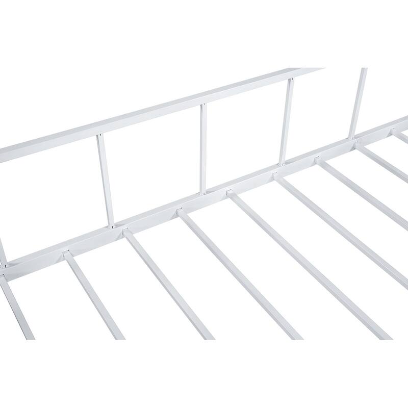 Twin Loft Bed with Angled Ladder and House Design, White Metal Frame, Contemporary Style