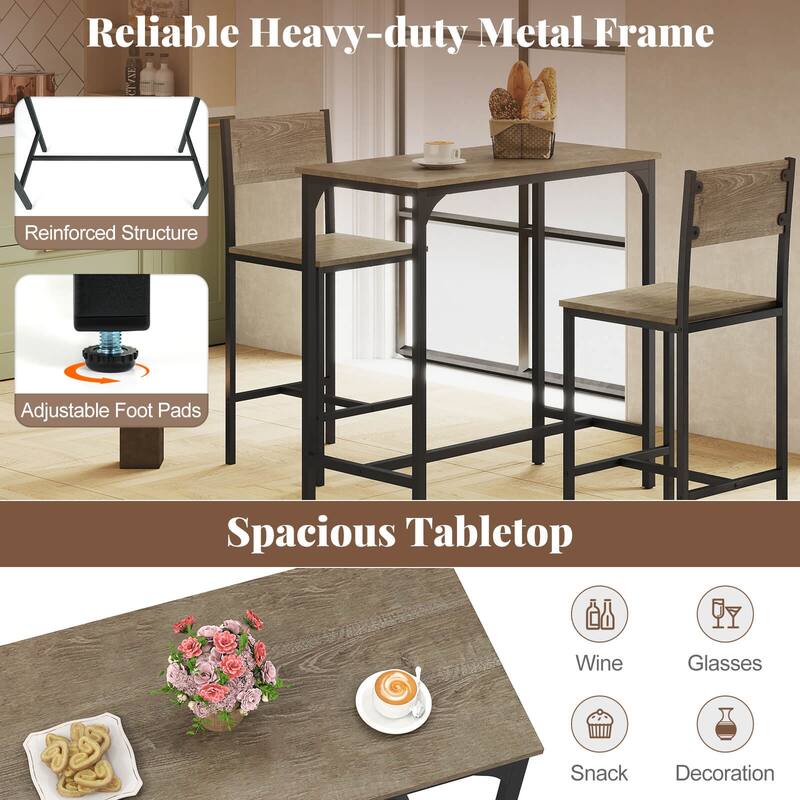 Costway 3 PCS Bar Table Set Pub Dining Table & 2 Bar Stools with - See Details