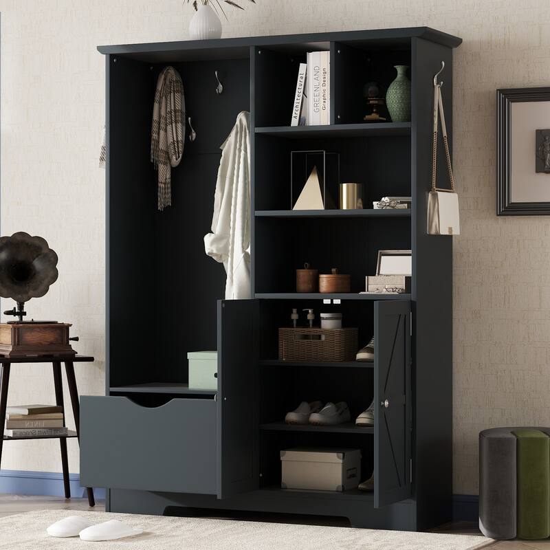 Practical Shoe Bench Hallway Coat Rack with Open Shelves, Leisure Bench Hallway Decorative Bench with Drawers and Cabinet - Antique Blue