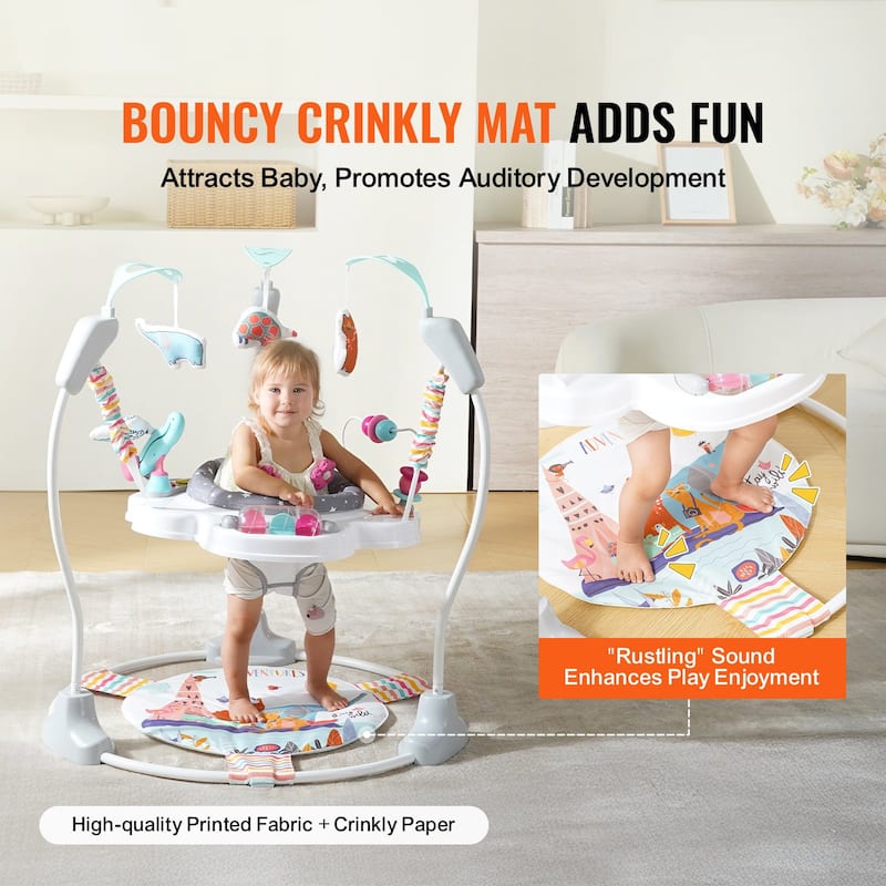 Multi-Color Bouncer Jumper with Crinkle Pad, Music Box and Adjustable Height - 34.3” L x 34.3” W x 36.6” H