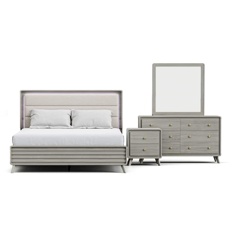 Furniture of America Thaila Modern 4-Piece Grey Wood Upholstered Panel Bedroom Set with LED on Headboard